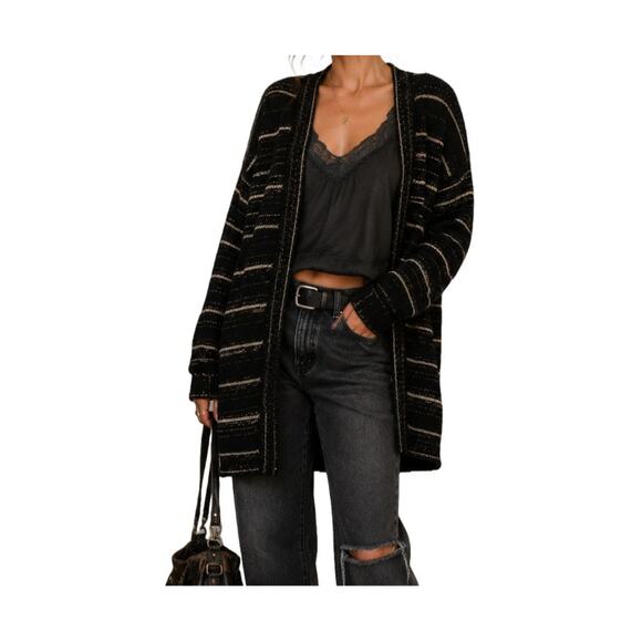 Modcloth Sweaters - ModCloth Black Metallic Striped Cardigan Fuzzy Open Front Sweater S Soft Grunge